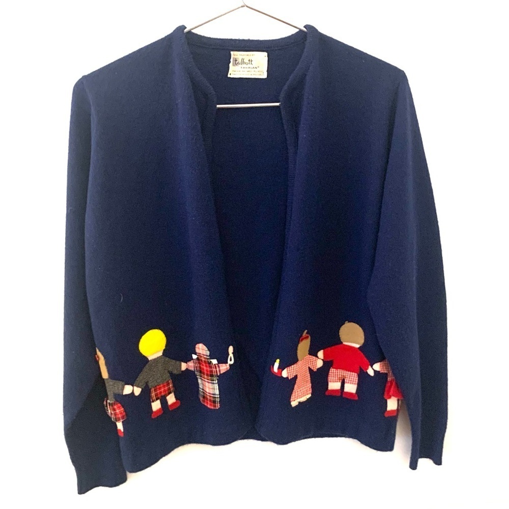 TALBOTS Vintage Knit Cardigan, Kids Applique Art Wear Cottage, navy, Red, yellow